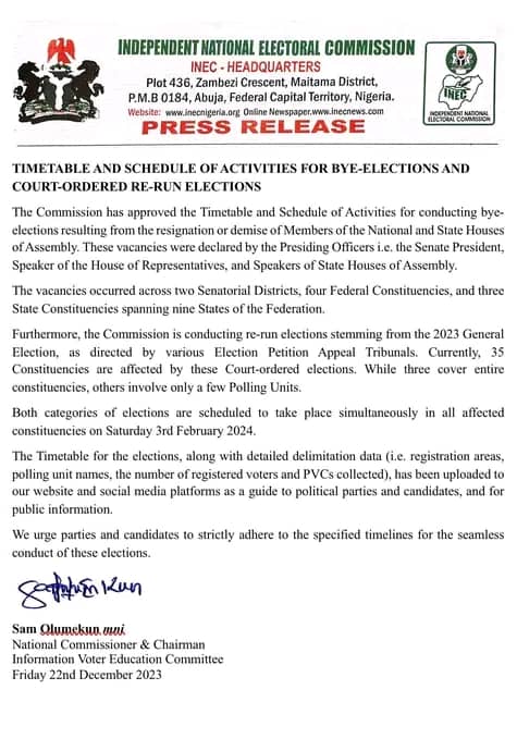 Inec Releases Timetable For Re Run Bye Elections The Sparklight News 