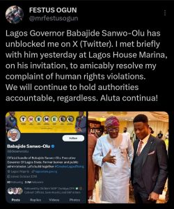Governor Sanwo-Olu Unblock Human Rights Lawyer on X After Suing Him